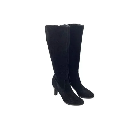 Aquatalia Black Suede Knee-High Boots 3-Inch Heels & Studded Back Detail Size 6 - Picture 1 of 7